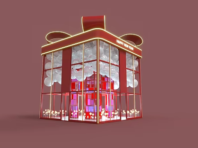 Red Gift Box Shaped Building With Glass Windows White Balloons And Decorative Lighting 3d model