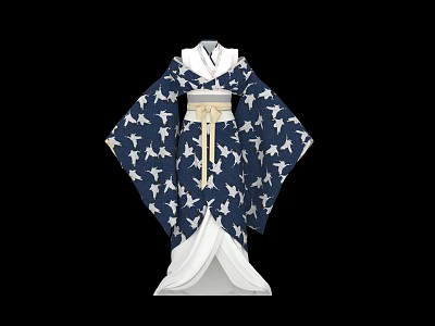 Traditional Blue Japanese Kimono With White Crane Pattern White Obi And Lining 3d model