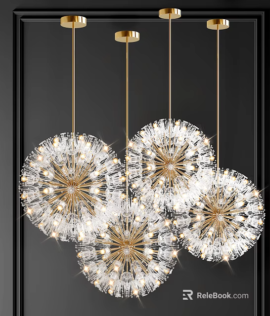 Modern Dandelion Shaped Chandelier With Golden Frame And Crystal Lighting Fixture 3d model 