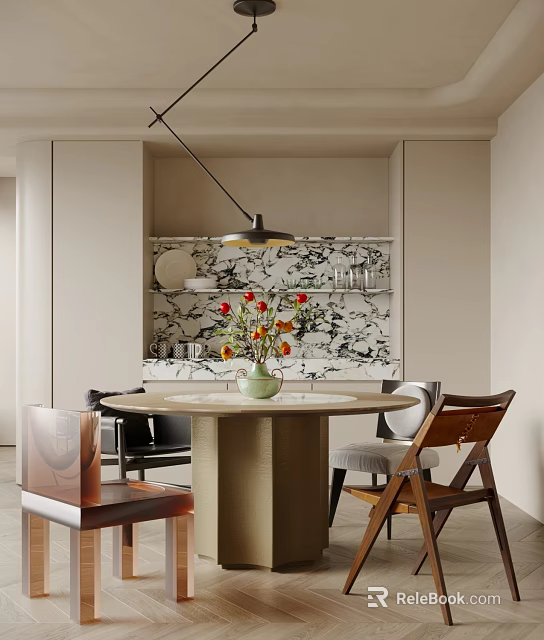 Elegant Modern Restaurant Interior With Round Dining Table Vase Flowers Hanging Lamp And Marble Accent Wall 3d model 