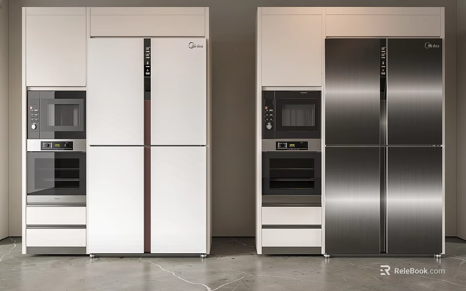 Modern Kitchen Interior With Built in White And Stainless Steel Multi door Refrigerators 3d model 