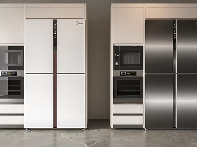 Modern Kitchen Interior With Built in White And Stainless Steel Multi door Refrigerators 3d model