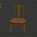Vintage Wooden Chair With Ornate Carved Backrest And Pink Checkered Seat Cushion
