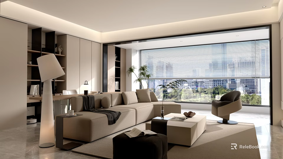 Modern Minimalist Living And Dining Room With Large Panoramic Window And Cozy Stylish Interior Design 3d model 