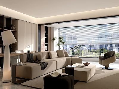 Modern Minimalist Living And Dining Room With Large Panoramic Window And Cozy Stylish Interior Design 3d model