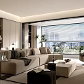 Modern Minimalist Living And Dining Room With Large Panoramic Window And Cozy Stylish Interior Design