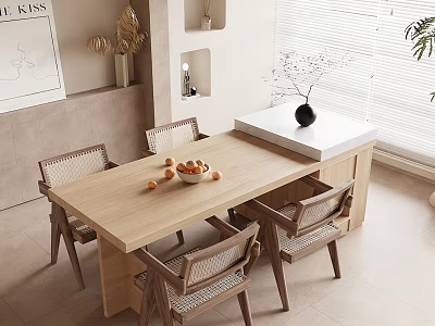 Minimalist Wooden Dining Table Set With Rattan Chairs Fruit Bowl And White Countertop 3d model