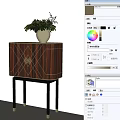 Elegant Entryway Console Cabinet With Wooden Texture Geometric Golden Trim And Top Vase Green Plant