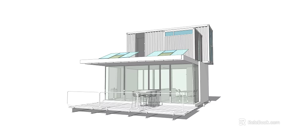 Modern Container Building With Large Glass Walls Open Terrace And Skylights Design 3d model 