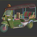 Vintage Green Tuk Tuk with Yellow Taxi Sign Black Roof and Red Green Striped Seats