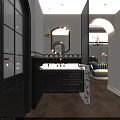 Elegant Modern Bathroom Vanity With Dark Cabinets Marble Countertop Double Faucets And Mirror