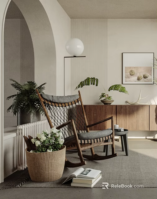 Cozy Home Balcony Interior With Rocking Chair Potted Plants And Wooden Cabinet 3d model 