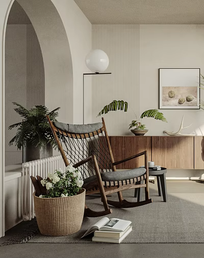 Cozy Home Balcony Interior With Rocking Chair Potted Plants And Wooden Cabinet 3d model