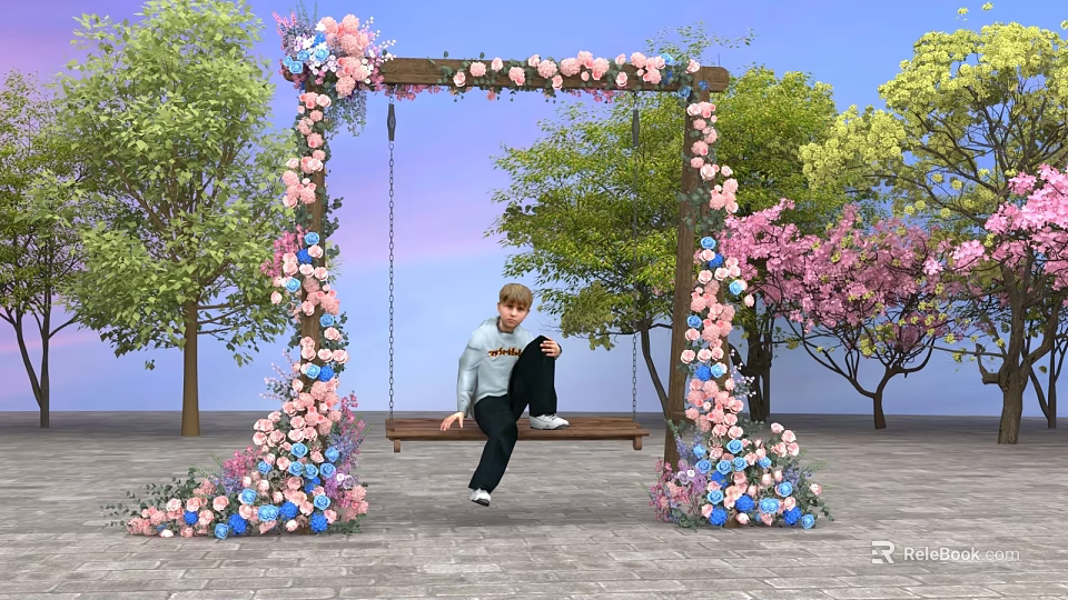 Scenic Photo Spot With Flower Arch Swing Pink Blue Flowers And Cherry Blossom Trees 3d model 