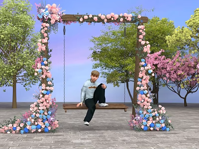 Scenic Photo Spot With Flower Arch Swing Pink Blue Flowers And Cherry Blossom Trees 3d model