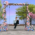 Scenic Photo Spot With Flower Arch Swing Pink Blue Flowers And Cherry Blossom Trees