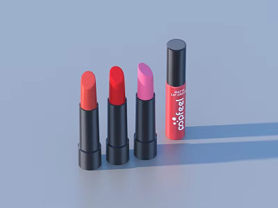 Assorted Colored Lipsticks And Addicted Labeled Lip Gloss On Light Blue Background 3d model