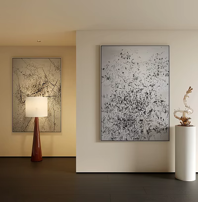 Abstract Paintings On Wall With Modern Floor Lamp And Decorative Sculpture 3d model