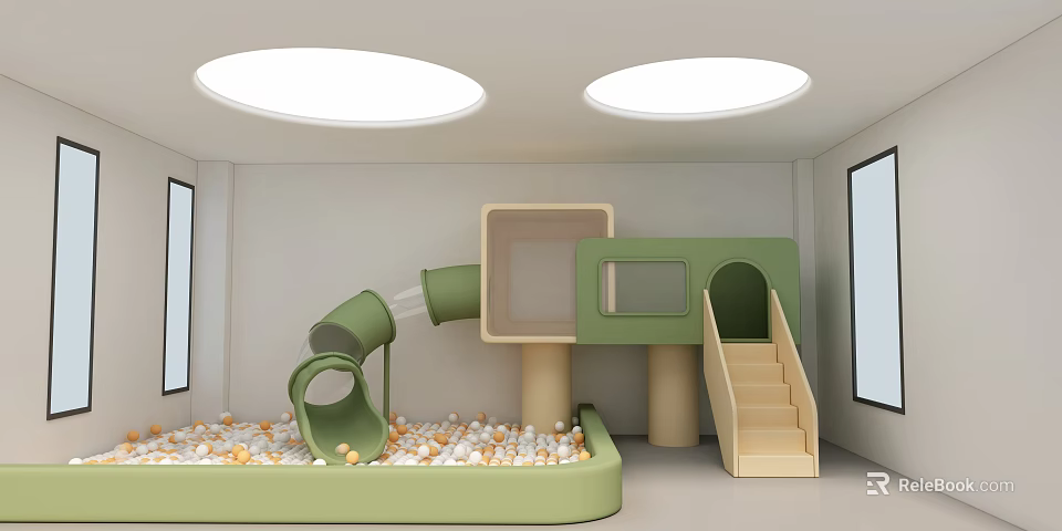 Indoor Kids Playground With Green Slide Ball Pit Stairs And Bright Round Lights 3d model 