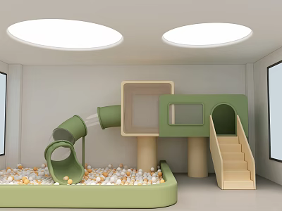 Indoor Kids Playground With Green Slide Ball Pit Stairs And Bright Round Lights 3d model