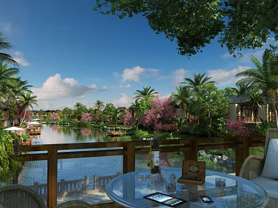 Scenic River Landscape With Palm Trees Pink Flowering Trees Blue Sky And Outdoor Terrace 3d model