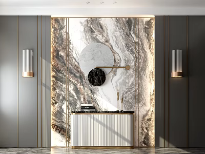 Entryway Cabinet And Sideboard With Marble Patterned Wall Modern Lamps Round Mirror Gold Accents 3d model