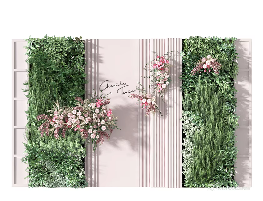 Decorative Living Plant Wall Design With Pink Flowers And Striped Background 3d model 