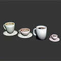 Coffee Drinks In Various Size Cups With Latte Art On Black Table Surface 3d model