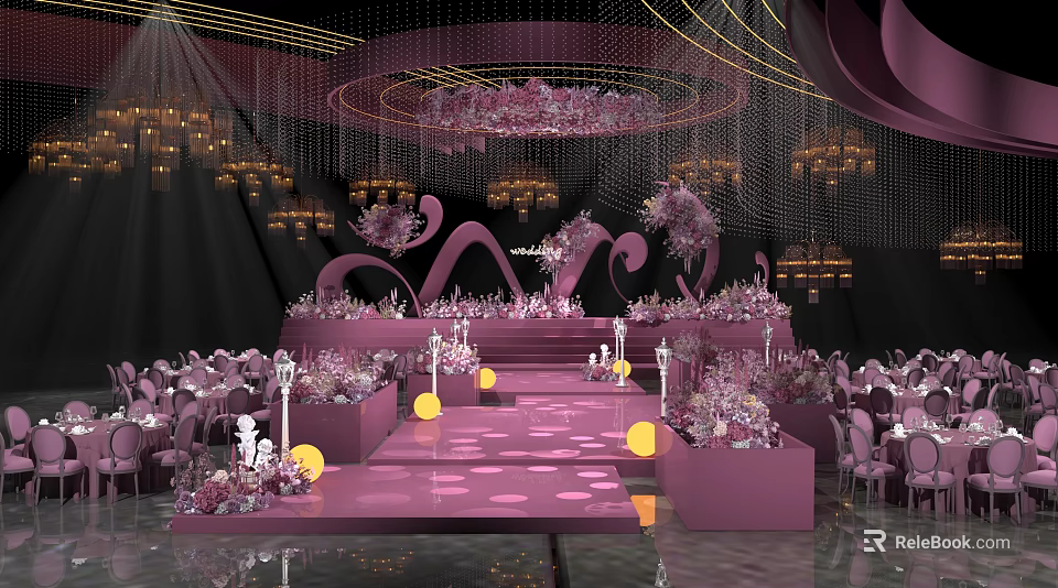 Elegant Pink Banquet Hall With Crystal Chandeliers Floral Decorations And Stage Seating 3d model 