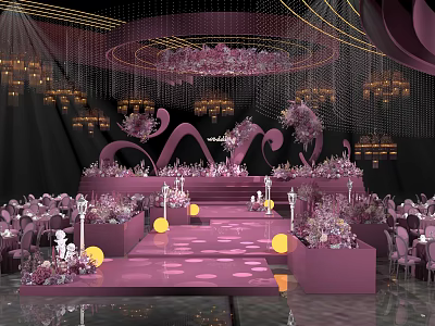 Elegant Pink Banquet Hall With Crystal Chandeliers Floral Decorations And Stage Seating 3d model