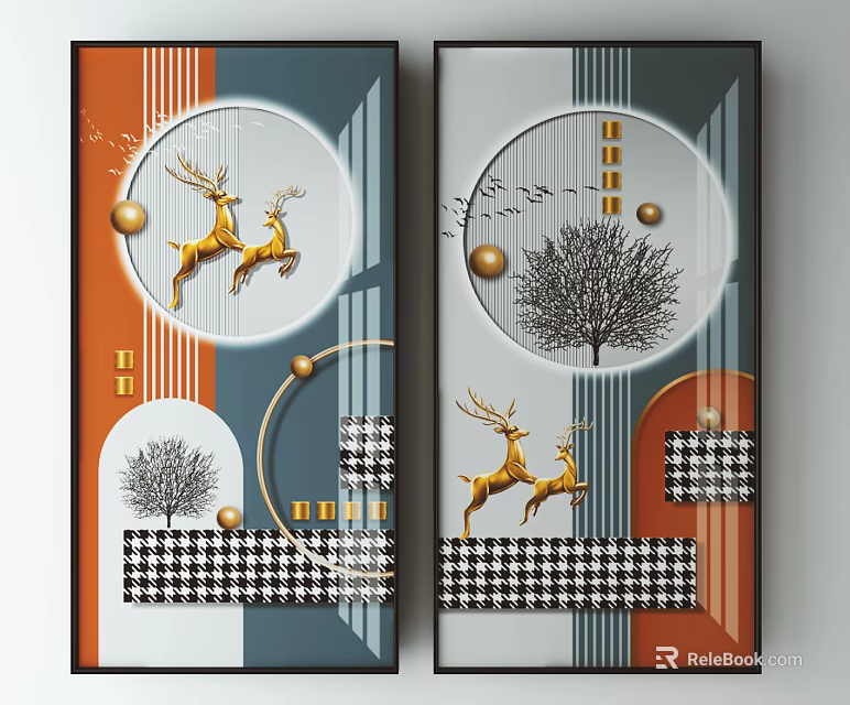Modern Decorative Wall Art With Golden Deer Tree And Geometric Patterns 3d model