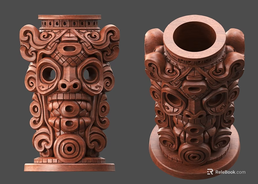Wooden Decorative Ornament Set with Intricate Tribal Totem Carved Column Shaped Figurines 3d model 