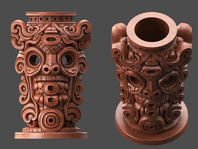 Wooden Decorative Ornament Set with Intricate Tribal Totem Carved Column Shaped Figurines 3d model