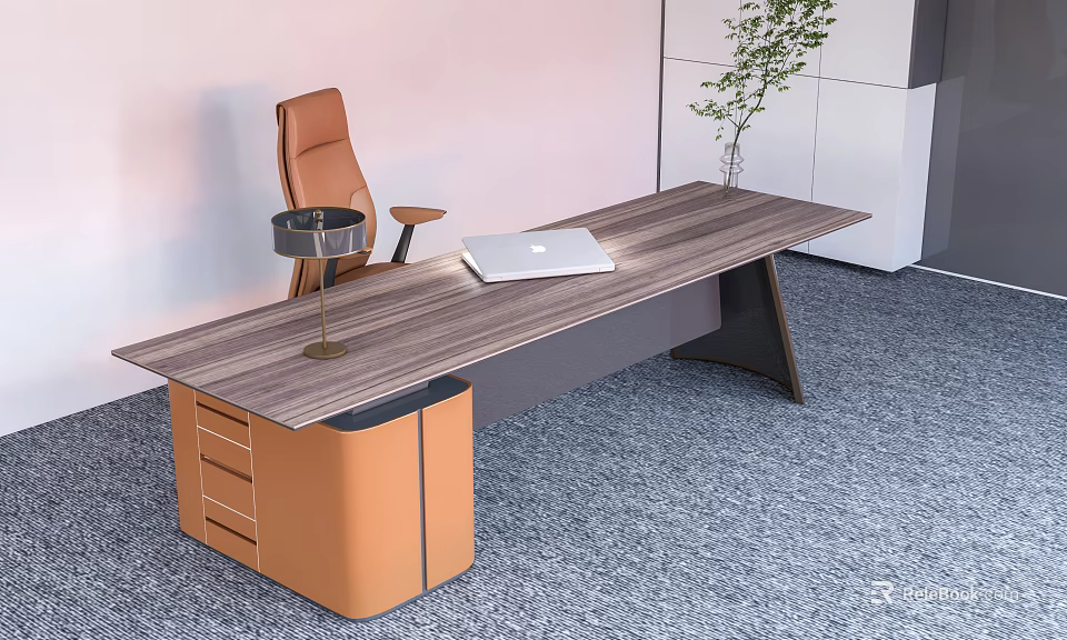Modern Office Desk With Wooden Tabletop Orange Office Chair Laptop Drawer Cabinet And Green Plant 3d model 