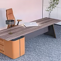 Modern Office Desk With Wooden Tabletop Orange Office Chair Laptop Drawer Cabinet And Green Plant