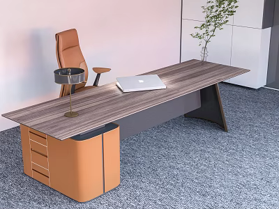 Modern Office Desk With Wooden Tabletop Orange Office Chair Laptop Drawer Cabinet And Green Plant 3d model