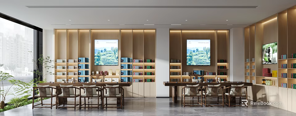 Modern Wooden Specialty Store Interior With Product Shelves Display Screens And Tables 3d model 