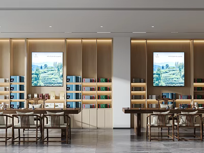 Modern Wooden Specialty Store Interior With Product Shelves Display Screens And Tables 3d model