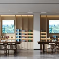 Modern Wooden Specialty Store Interior With Product Shelves Display Screens And Tables