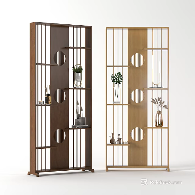 Wooden Room Divider With Circular Cutouts Shelves And Decorative Green Plants 3d model 