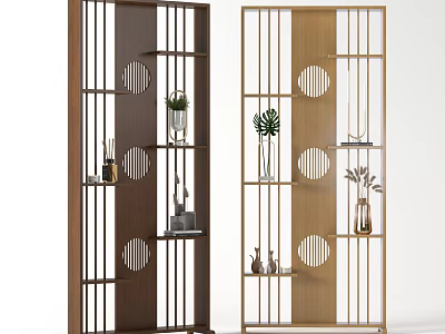Wooden Room Divider With Circular Cutouts Shelves And Decorative Green Plants 3d model
