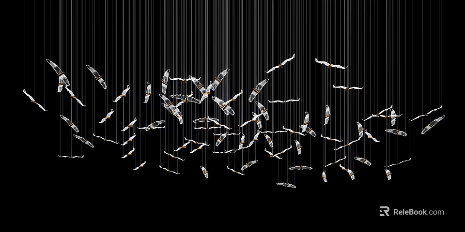 Modern Silver Feather Shaped Chandelier Hanging On Thin Strings Against Black Background 3d model