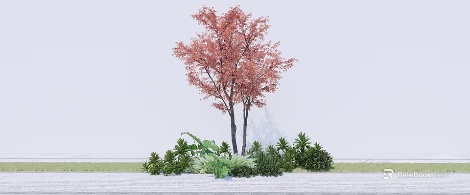 Tall Deciduous Tree with Red Leaves and Green Shrubs in Outdoor Garden 3d model 