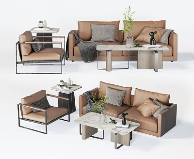 Modern Brown Leather Sofa and Marble Coffee Table Set with Decorative Pillows Green Plants 3d model
