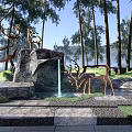 Park Landscape With Wooden Pergola Stone Steps Red Ornaments Tall Trees And Lush Grass