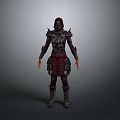 A Woman In Red And Black Full Body Hooded Armor Standing In Gray Background