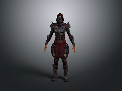 A Woman In Red And Black Full Body Hooded Armor Standing In Gray Background 3d model