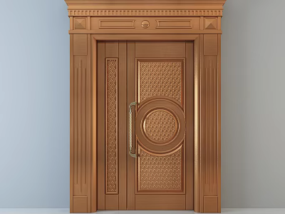 Copper Colored Ornate Double Door With Carved Patterns And Elegant Door Frame 3d model