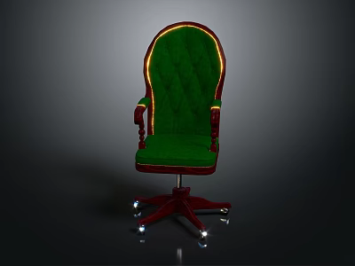 Green Velvet Dining Chair With Tufted Backrest Carved Wooden Armrests And Red Wooden Wheeled Legs 3d model