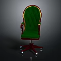 Green Velvet Dining Chair With Tufted Backrest Carved Wooden Armrests And Red Wooden Wheeled Legs